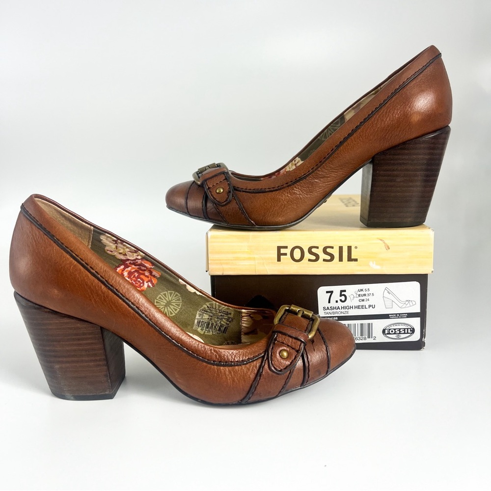 Fossil Sasha Block Heel in Tan/Bronze
